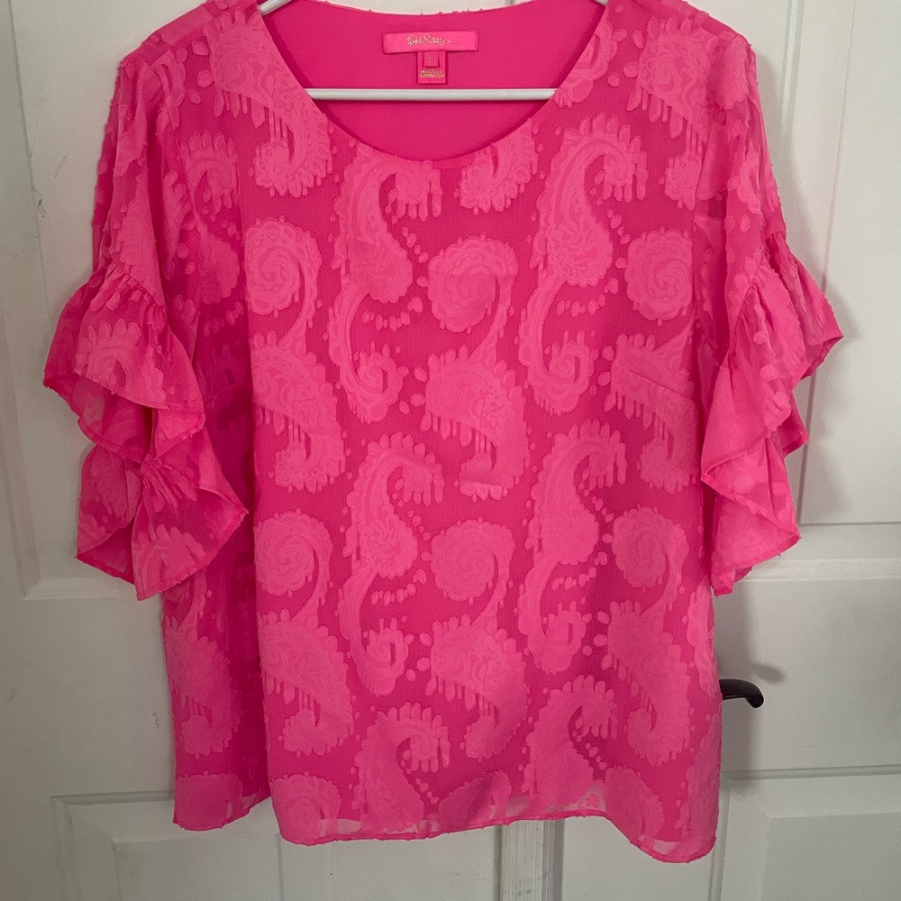 Lilly Pulitzer Pink Ruffled Blouse with Short Sleeves